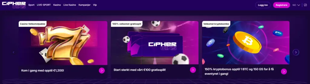 Banneret for velkomstbonusene og et sportsbettingtilbud på Cipherwins' hjemmeside