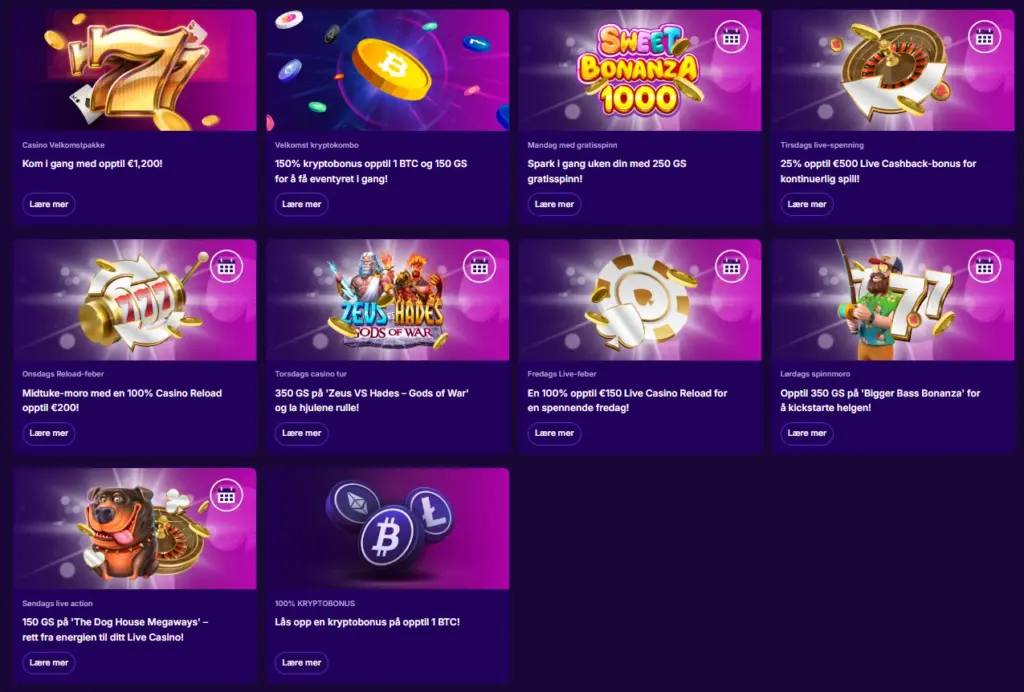 Alle casinotilbudene, inkludert ukentlige gratisspinn, er oppført