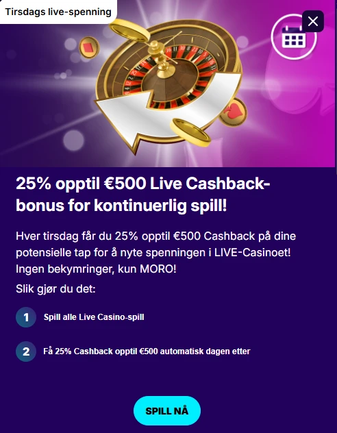 Banner for live cashback-tilbudet på opptil €500