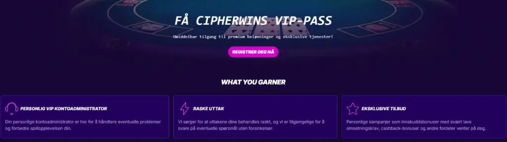 Cipherwins VIP-programside med et pokerbord i bakgrunnen