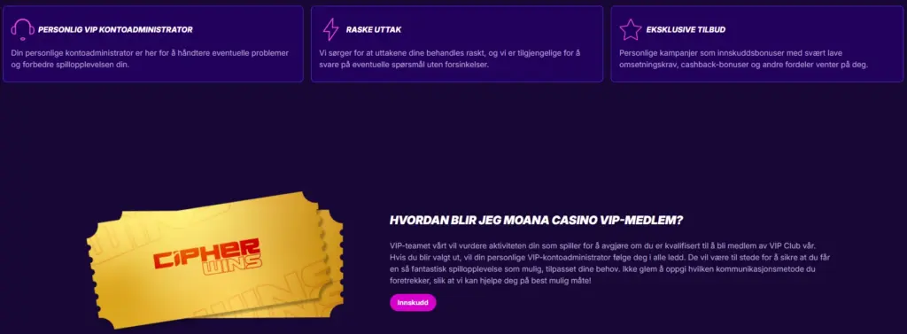 VIP-programsiden med fordeler oppført
