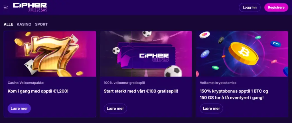 Velkomsttilbud med casinobonus, gratis spill og kryptobonus på CipherWins