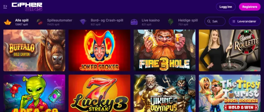 Utvalg av spill hos CipherWins, inkludert spilleautomater, bordspill og live kasino.