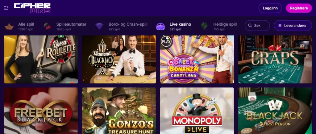 Live kasino spill på CipherWins, inkludert Roulette, Blackjack, Craps, og Monopoly.