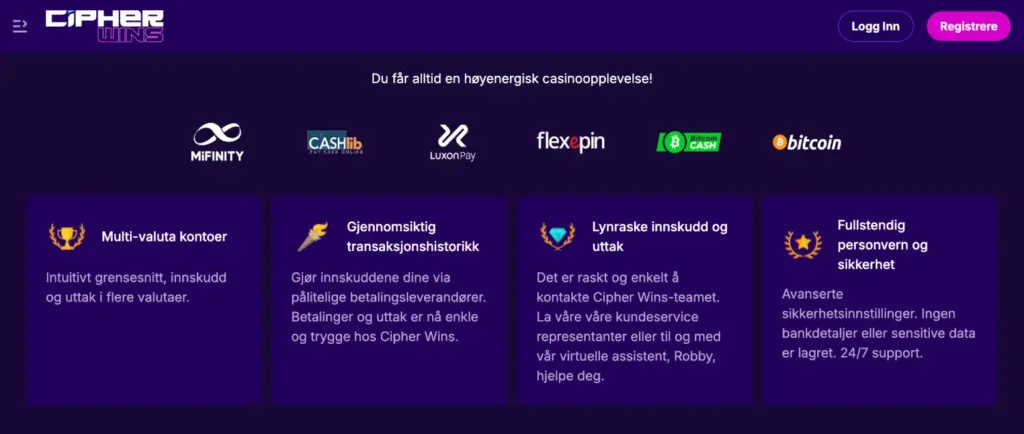 Funksjoner på CipherWins: Multi-valuta konto, raskt uttak, og full sikkerhet for dine transaksjoner.