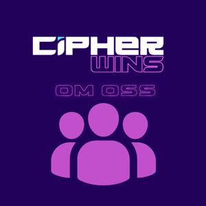 En mørk bakgrunn med Cipherwins-logoen øverst. Under står teksten "OM OSS". Nederst er det tre silhuettikoner av personer.