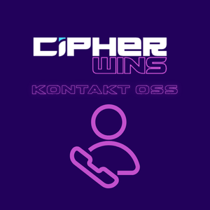 Cipherwins-logoen, teksten "KONTAKT OSS" og et telefonikon ved siden av et personikon på mørk bakgrunn.