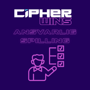 Cipherwins-logoen, teksten "ANSVARLIG SPILLING" og et personikon som peker på en liste med tre avkryssede bokser på mørk bakgrunn.